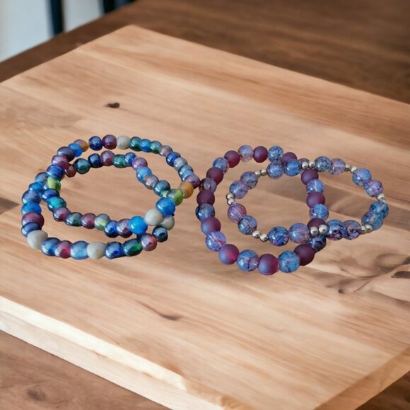 Iridescent Blue and Purple Beaded Bracelets Set of 4 Handmade - Picture 3 of 3